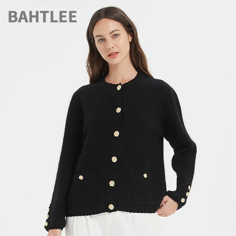 BAHTLEE-Women's Mohair Thick Cardigan, Knitted Sweater, O-Neck, Solid Long Sleeves, Pocket and Button, Winter