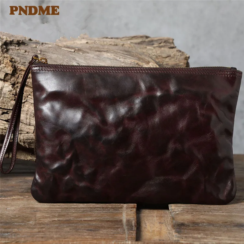 PNDME Vintage Genuine Leather Multifunctional Clutch Bag Fashion Simple Light Natural Real Cowhide Small Shoulder Messenger Bag