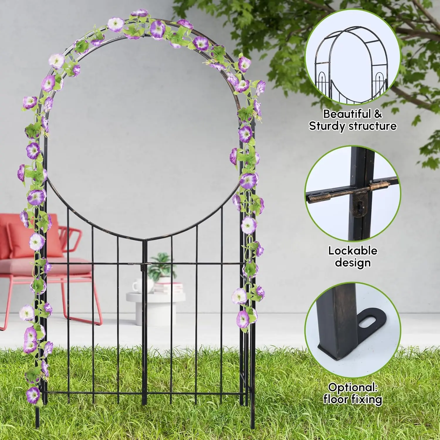 Arched Top Garden Arbor with Gate with Brushed Bronze | Metal Arbor Trellis for Garden Arches and Arbors | Outdoor Garden Gate