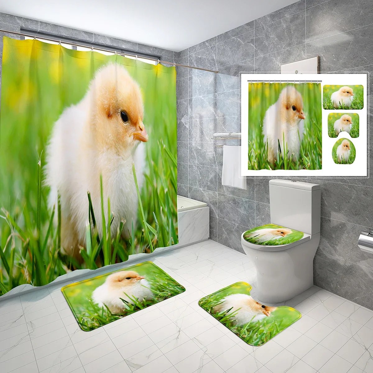 4 PCS Chicken Theme Shower Curtain Sets,Farm Cute Animal Bathroom Waterproof Bath Curtain,Non-Slip Bath Mat Toilet Cover Set