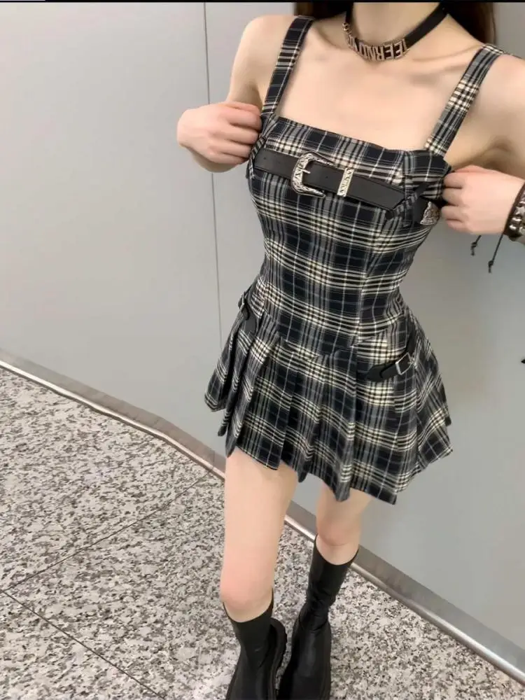 

Korean Women's Summer Vintage Blue Plaid Sexy Sleeveless Backless Pleated Slip Dress And High Waist Shorts Two-piece Set Popular