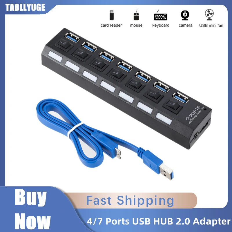 

High Speed USB Hub 3.0 Hub USB 2.0 Multi USB Splitter Power Adapter 4/7 Port Multiple Expander with Lamp Switch for PC Laptop