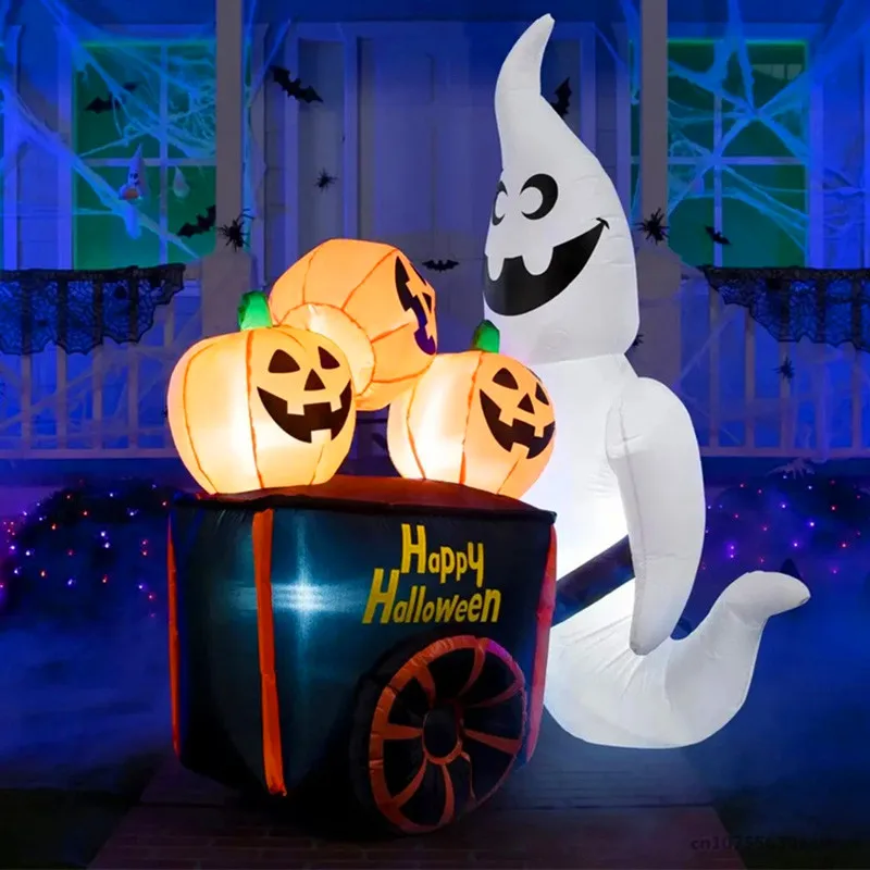 6ft decoração de halloween brinquedo inflável fantasma empurrar carrinho de abóbora com luzes led festa de férias ao ar livre modelo inflável de halloween