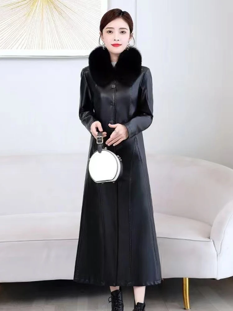 Cappotto in Vera Pelle Haining da Donna, Lunghezza Media Sopra il Ginocchio, Nuova Collezione Primavera Autunno 2025, in Pelle di Pecora con Fodera in Cotone, Antivento