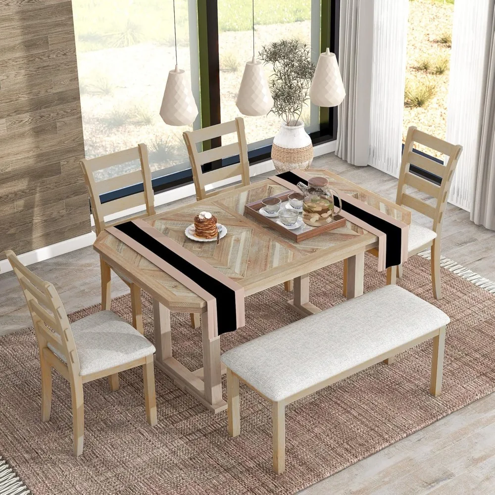 Dining Table Set for 6,6-Piece Rubber Wood Dining Table Set and Soft Cushion, Dining Room Table Set for Living Room,Kitchen