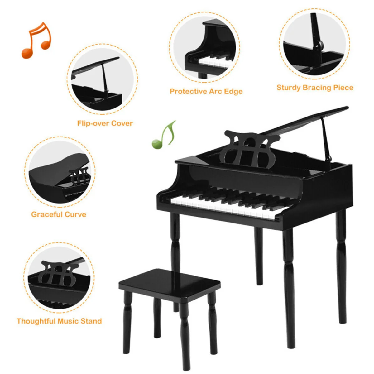 

Black Kids Piano 30-Key Wood Toy Kids Grand Piano with Bench and Music Rack