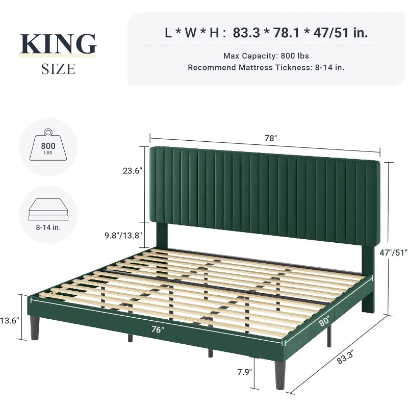 Allewie King Bed Frame, Velvet Upholstered Platform Bed with Adjustable Vertical Channel Tufted Headboard, Mattress Foundation