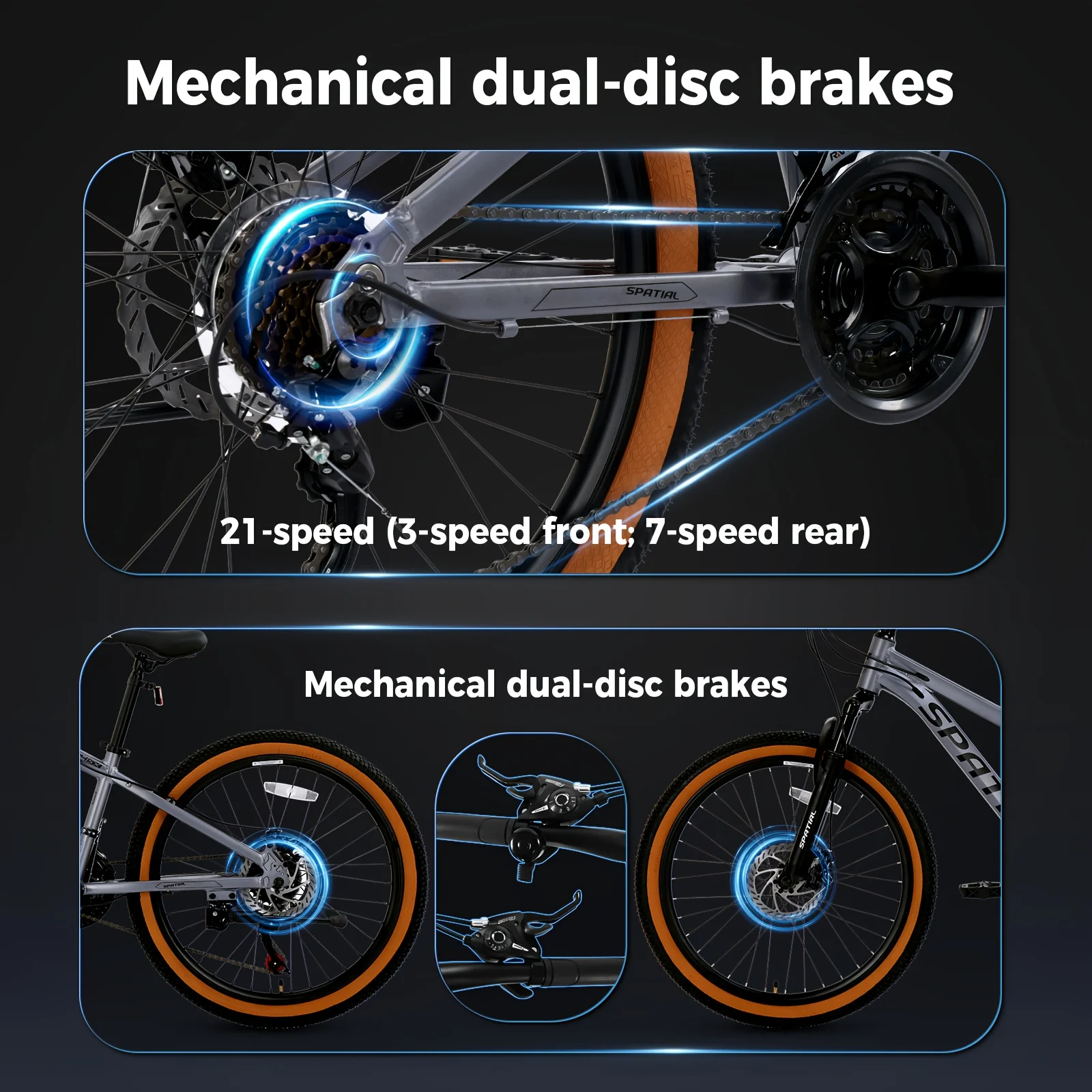 دراجة جبلية SPATIAL مقاس 26 بوصة بإطار سميك، وإطار من الألومنيوم مع فرامل قرصية مزدوجة وتعليق للبالغين #3