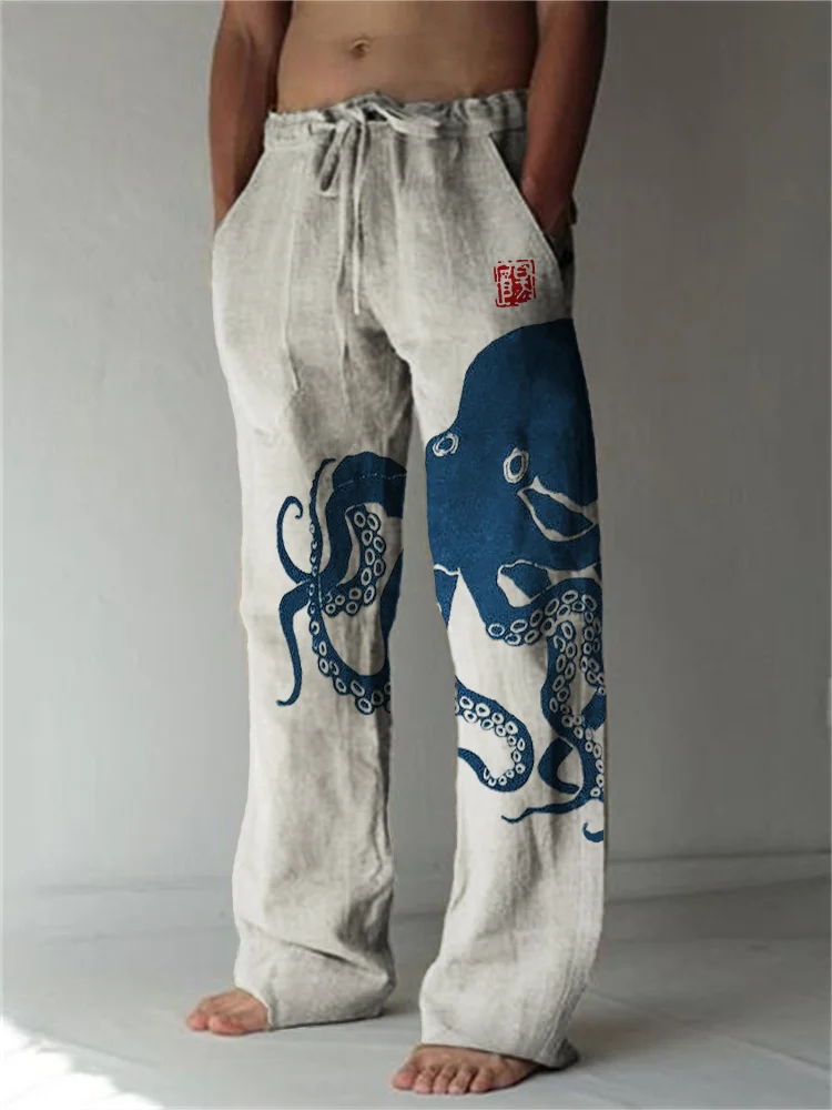 New Men's Spring And Autumn Thin Casual Straight Leg Pants Octopus 3D Trend Print Men's Over Size Loose Wide-leg Pants