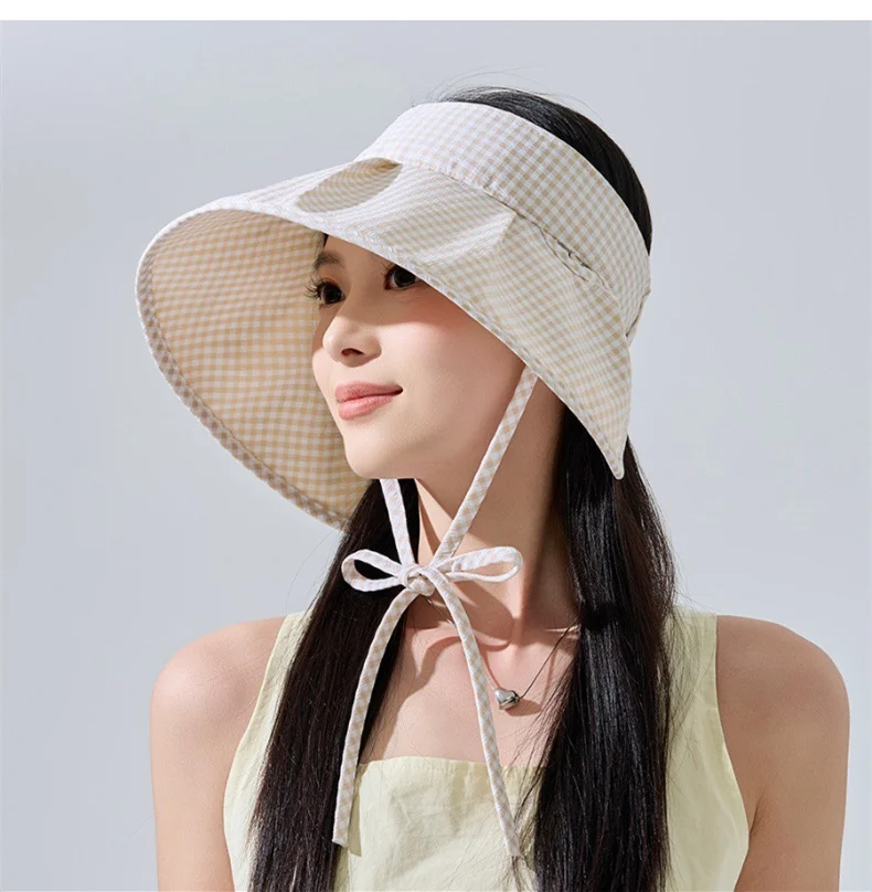 Ageing Fresh Plaid Hollow Top Hat Women Summer UV Breathable Sunscreen Hat Soft Portable UPF50+