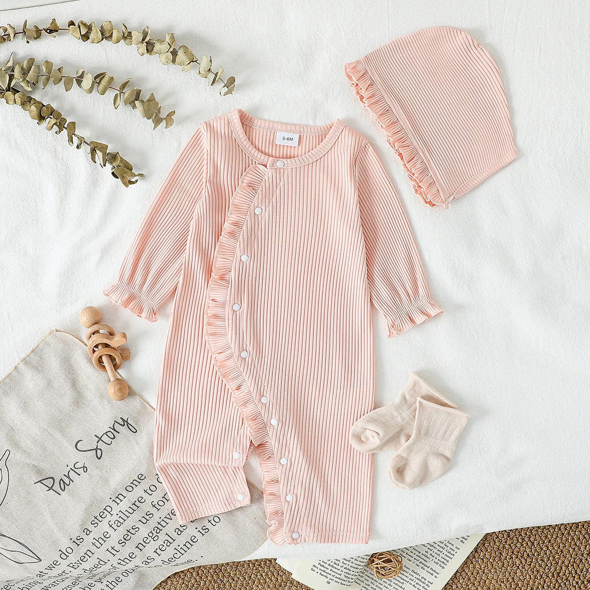 Baby Mädchen Frühling/Herbst 2Pcs Herbst Outfits Langarm Einfarbig Rüschen Trim Overall Säuglings Kleidung 3M-24M Casual Täglichen + Hut