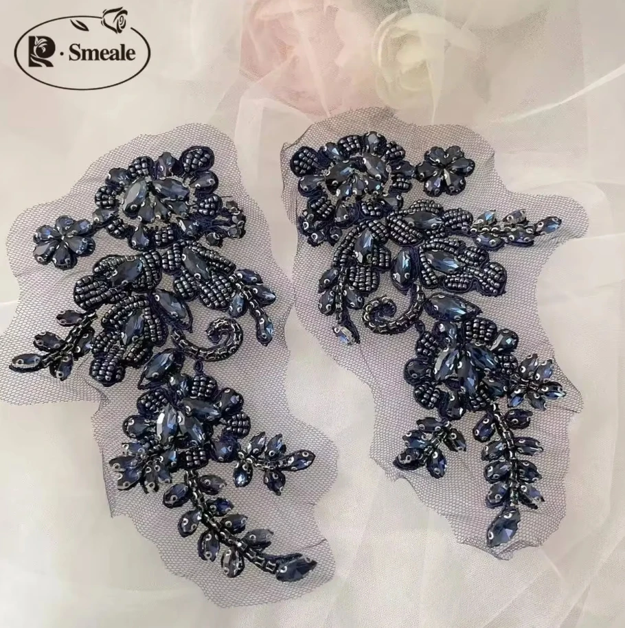 1 Paar handgenähte Glasbohrer-Spiegelblumen, funkelnde Strass-Blumen, Mäntel, Bündchen, Schultern, Hochzeitskleid, DIY-Patch RS4208