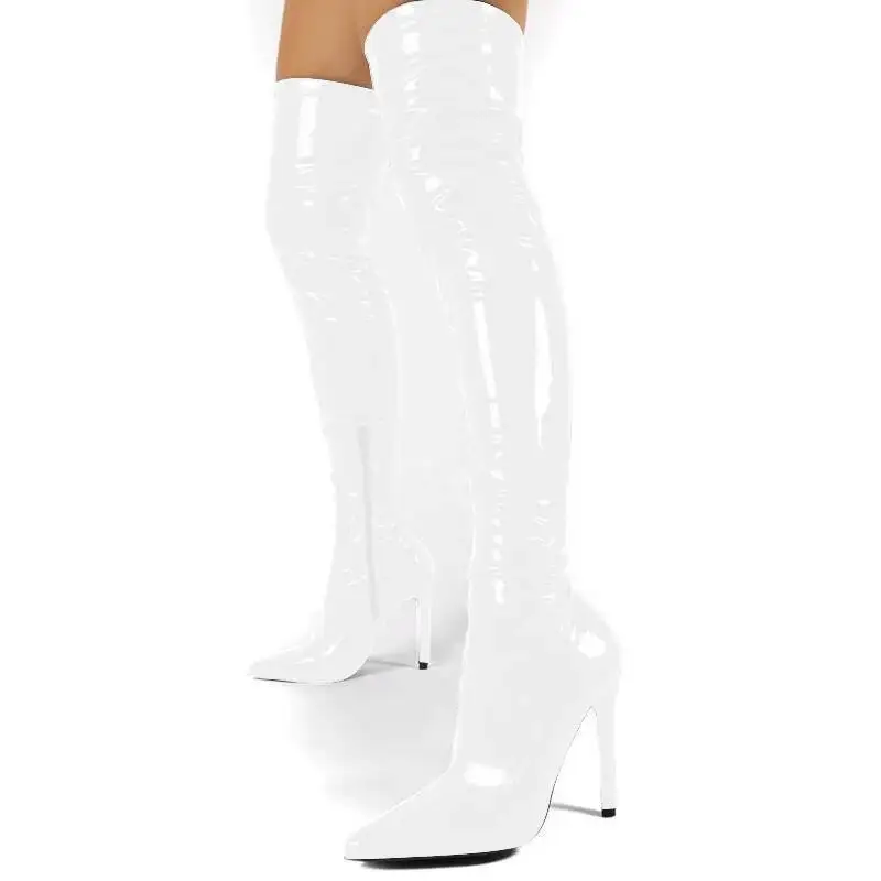 

Big Size 34-45 White Black Patent Leather Thigh High Boots 2025 New Pointed Toe Slip On High Heels Long Boots Women Shoes