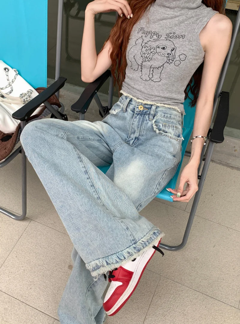 Washed Blue Ragged Edge Jeans For Women's Autumn 2023 New High Waist Floor Sweeping Wide Leg Pants Straight Leg Pants