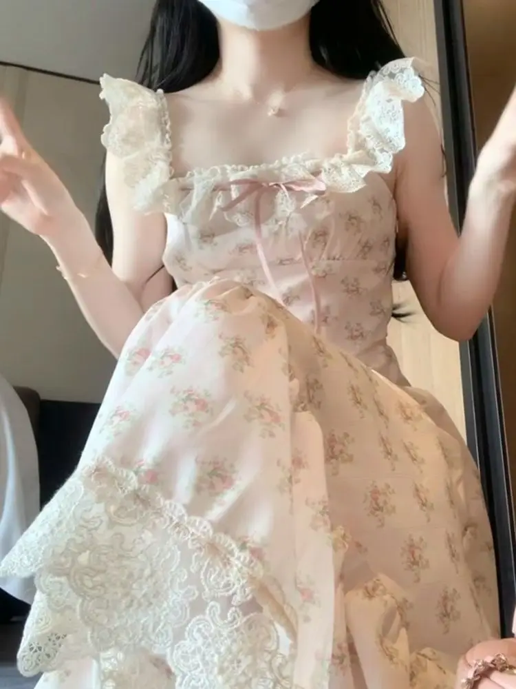 French Sweet Gentle Lace Trim Floral Dress Women New Summer Elegant Slim Fit Artistic Style Clothes A-Line Fashion Dress 2025 - Image 3