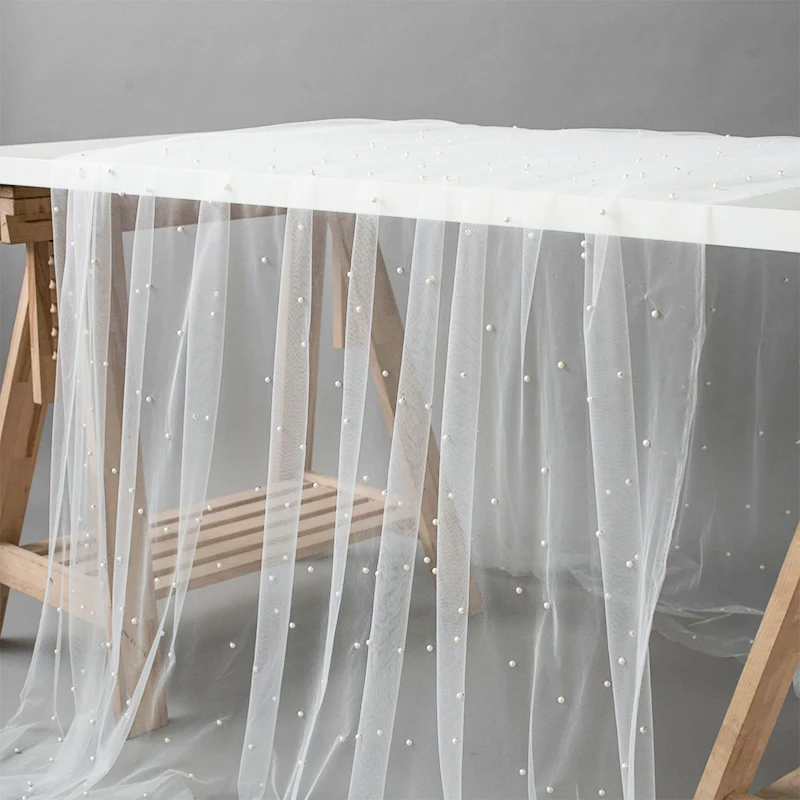 Wedding White Pearl Tulle Table Runner Wedding Arch Decoration for Bridal Shower Decor Soft Tulle Overlay Chiffon Lace Mesh