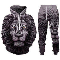 Trend Animal The Lion 3D Print Men's Tracksuit Sets Casual Hoodie And Pants 2pcs Sets Oversized Sweatshirt Fashion Men Clothing