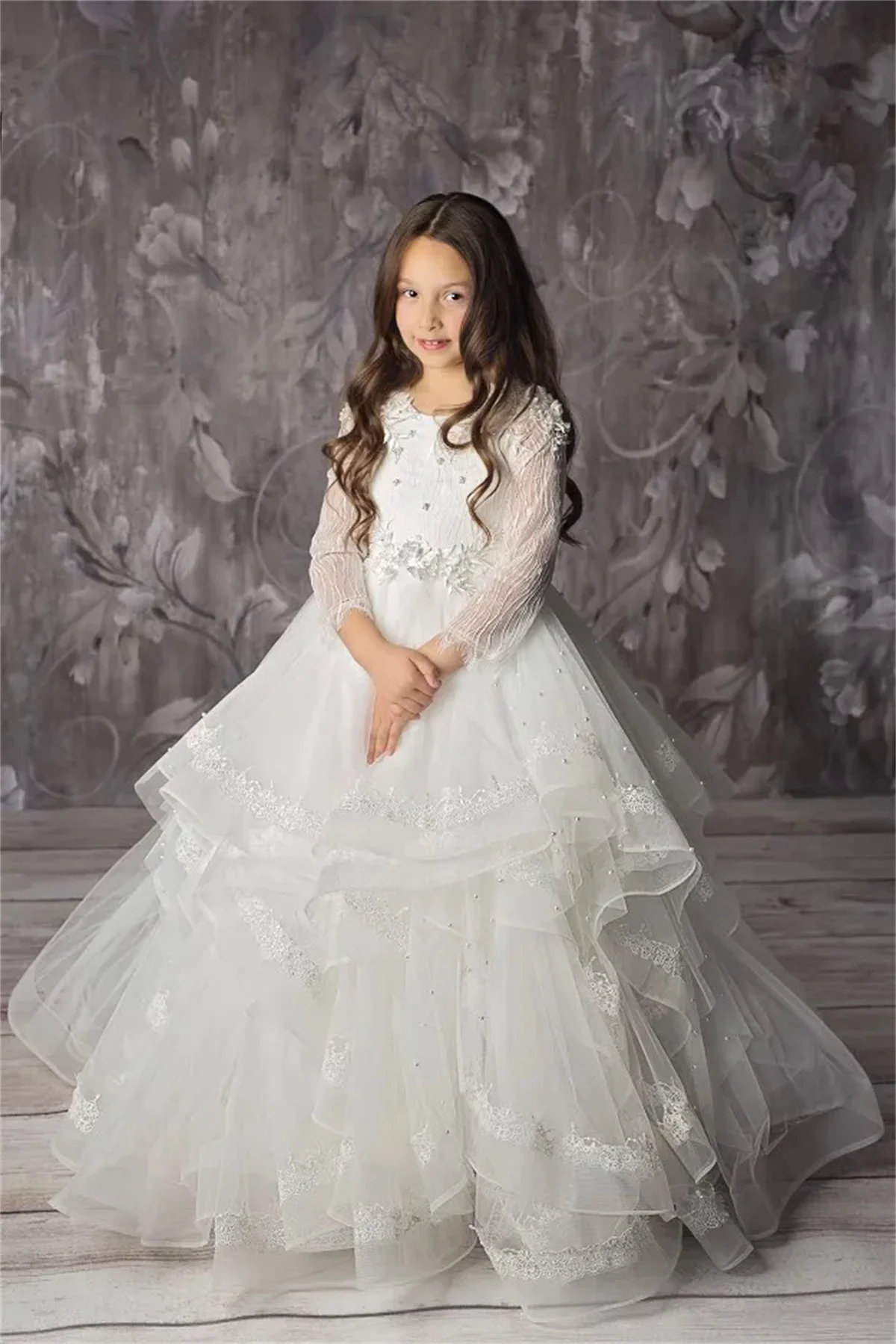 Vestido de flores para niña, vestidos de primera comunión, regalo de cumpleaños, Blanco sagrado, manga larga, tul, encaje, estampado, Bola de princesa elegante