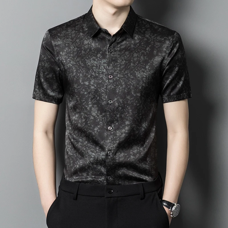 

HT6402 Skin-Friendly Silk Shirts For Men Short Sleeved Easy Care Summer Quality Comfortable Breathable Vintage Camisas De Hombre