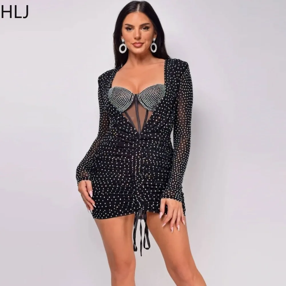 

HLJ Black Sexy Rhinestones Mesh Perspective Drawstring Mini Dress Women Deep V Long Sleeve Slim Vestidos Fashion Bodycon Clothes