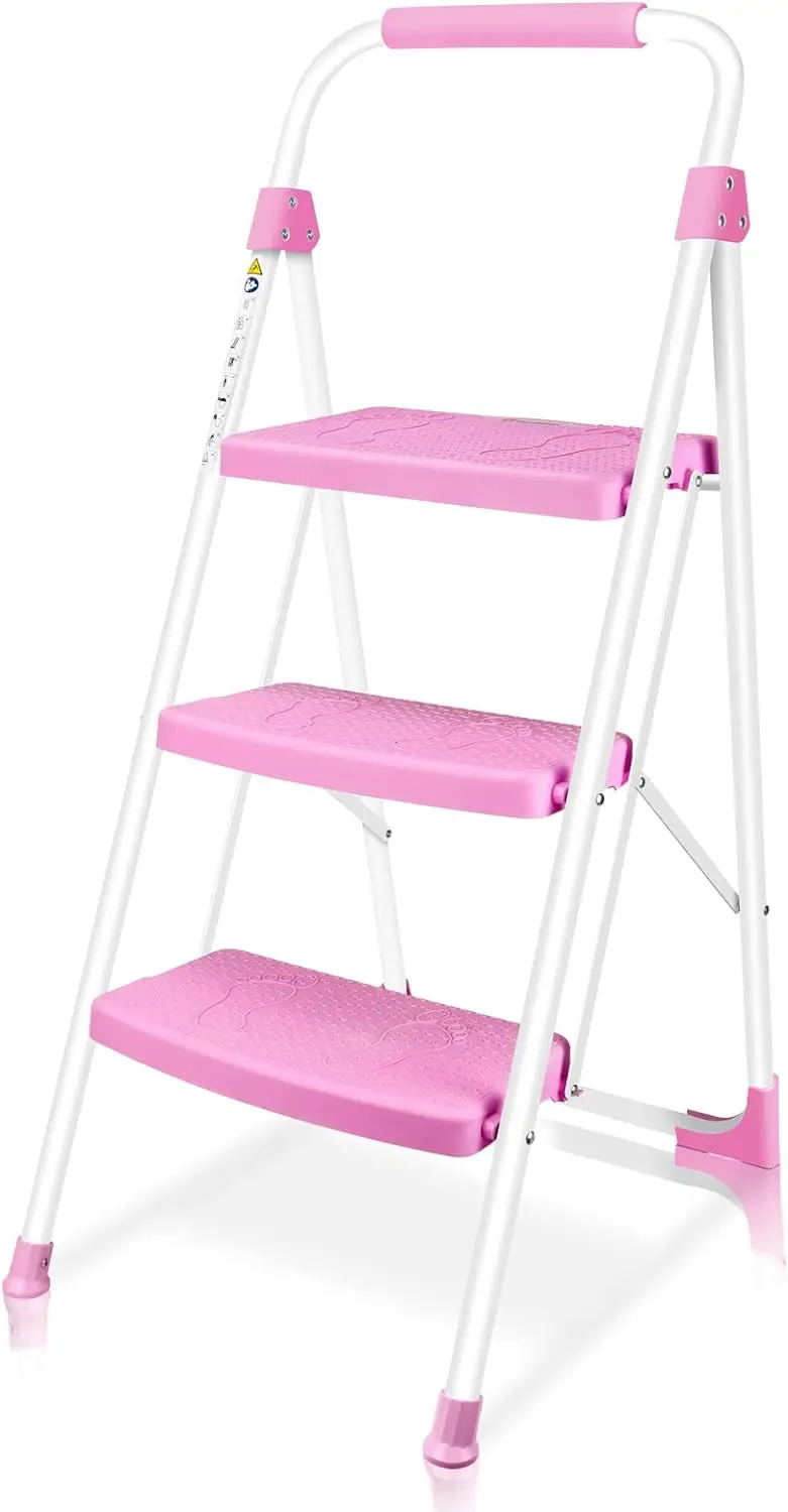 

3 Step Ladder, Portable Folding Step Stool with Wide Anti-Slip Pedal, 500lbs Sturdy Steel Ladder, Convenient Handgrip