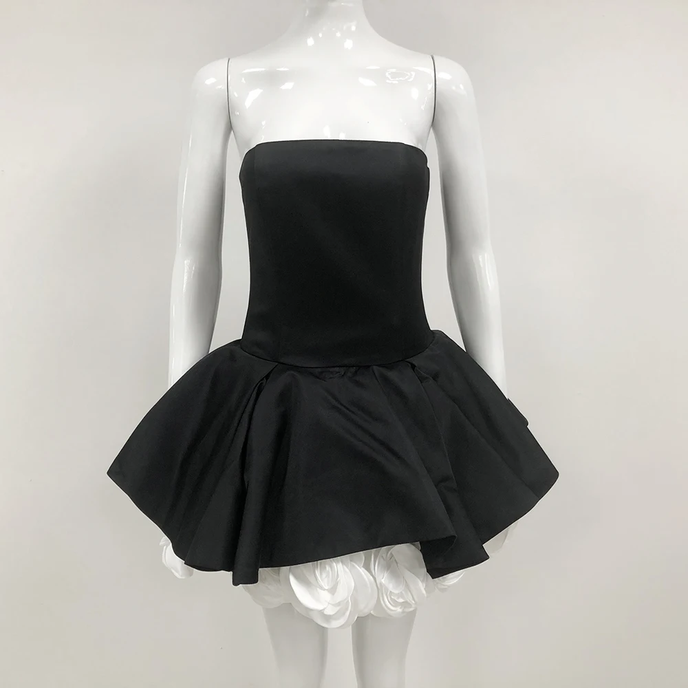 GORAFASHION-Robe de soirée blanche, élégante, sexy, sans bretelles, fleurs tridimensionnelles, plis verticaux, en fibre, courte, nouvelle collection