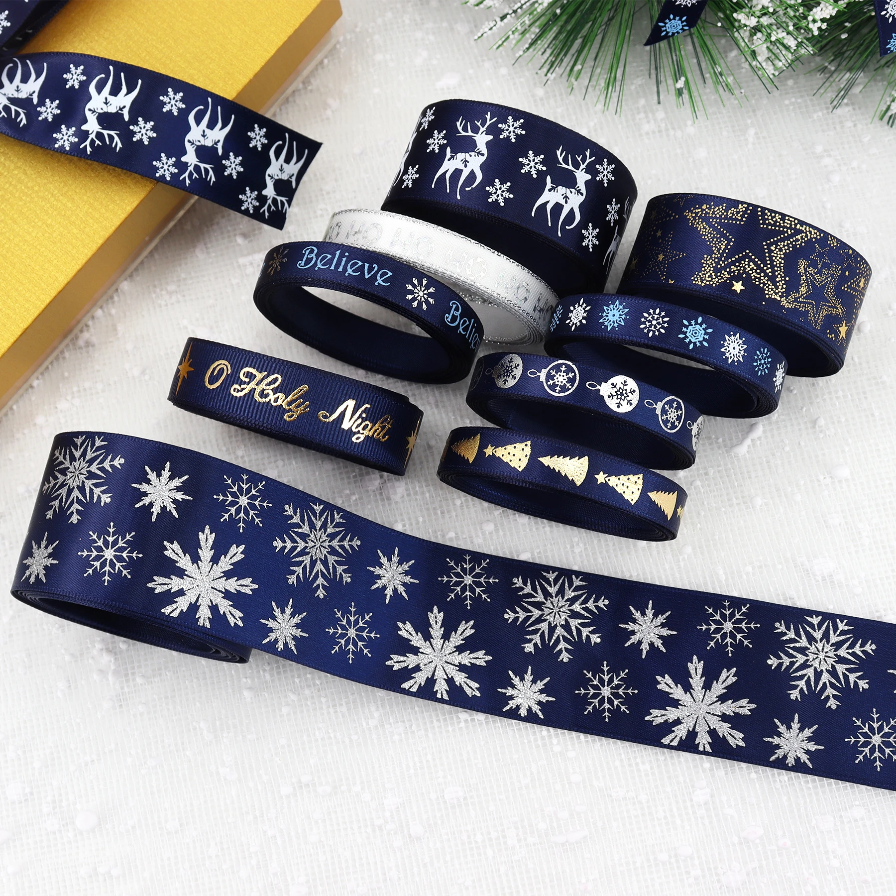 Navy Blue Christmas Ribbon,Holiday Printed Grosgrain Satin Ribbon, Christmas Ribbon Bows for Wreaths,Gift Wrapping,Sewing