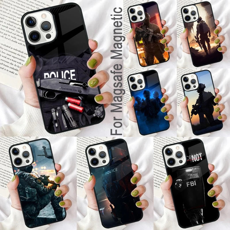 Police SWAT FBI Magnetic Soft Phone Case for iPhone 16 Promax 15 Pro 13 14 Plus 11 12 Mini MagSafe Coque