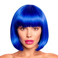 HAIRJOY Synthetic Hair Blue Short Bob Wigs with Bangs for Women Hot Pink Wig Straight Cosplay Wig for Girl Costume Wigs