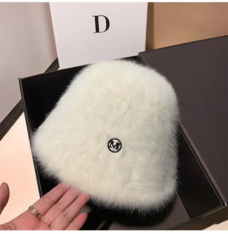 Korea Designer M Eimer Hut Frau Warme Plüsch Angola Kaninchen Fell Hut Dame Herbst Winter Ins Mode Becken Hut Retro Flauschigen Panama – Detail 8