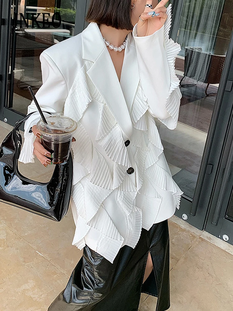 

White Ruffles Women Single breasted blazer 2023 Fall Design Irregular Long sleeve jacket Office lady Clothes Korean INKEO 3O046