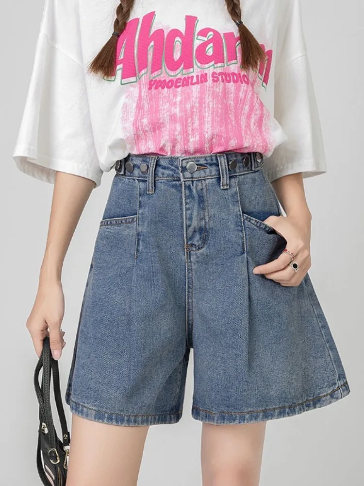 

Новые летние женские джинсовые шорты с высокой талией, свободного кроя, больших размеров, для фигуры типа «груша», утягивающие, с широкими штанинами, длиной до колена