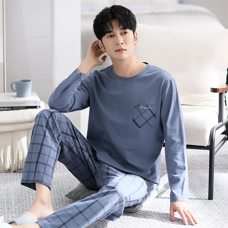 2-Piece New Spring And Fall Men's Pajamas Set Boys Soft Long-Sleeved Sleep Rest Homewear Pajamas Men's Casual Homewear Dropship