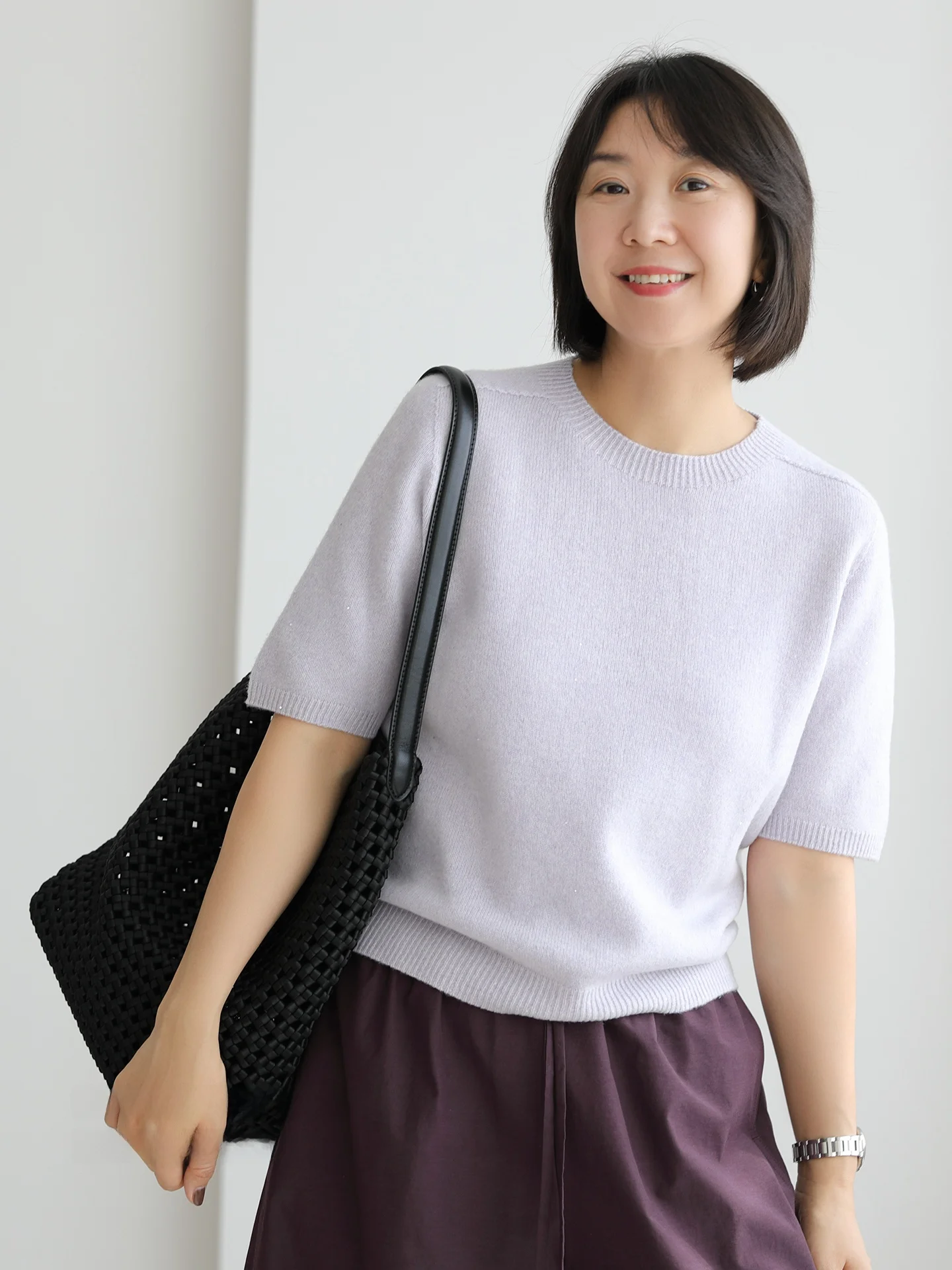 

Cleanfit Minimalist Three-Inch Short Sleeve Knitted Sweater Seamless Soft Gentle Overhead Wool Blend Spring Fashion Women's Top