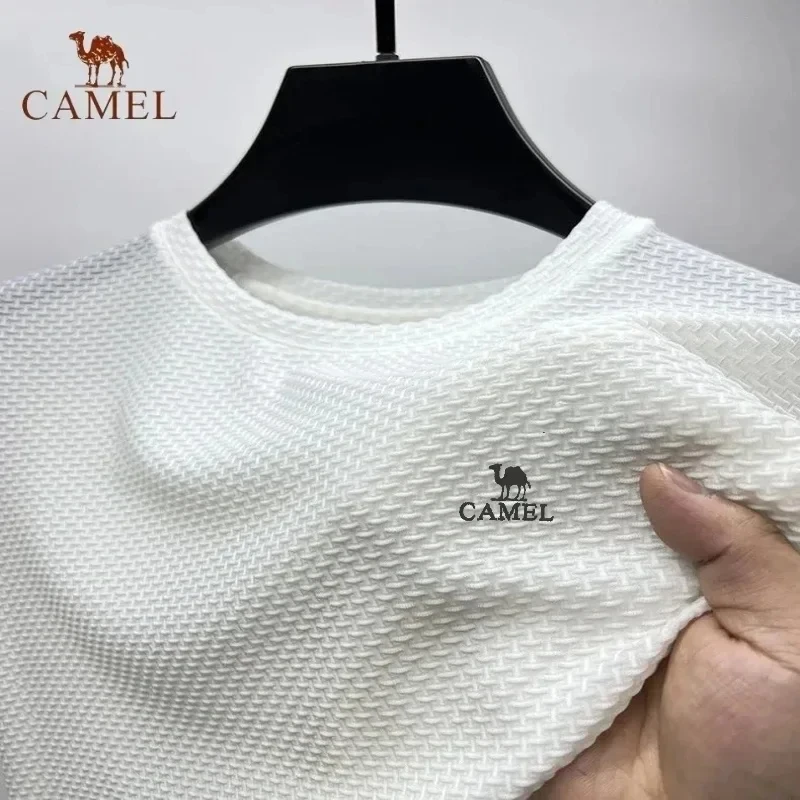 High End Embroidered CAMEL Ice Silk Short Sleeved T-shirt Wrinkle Resistant And Breathable Top Texture Fabric Leisure Versatile