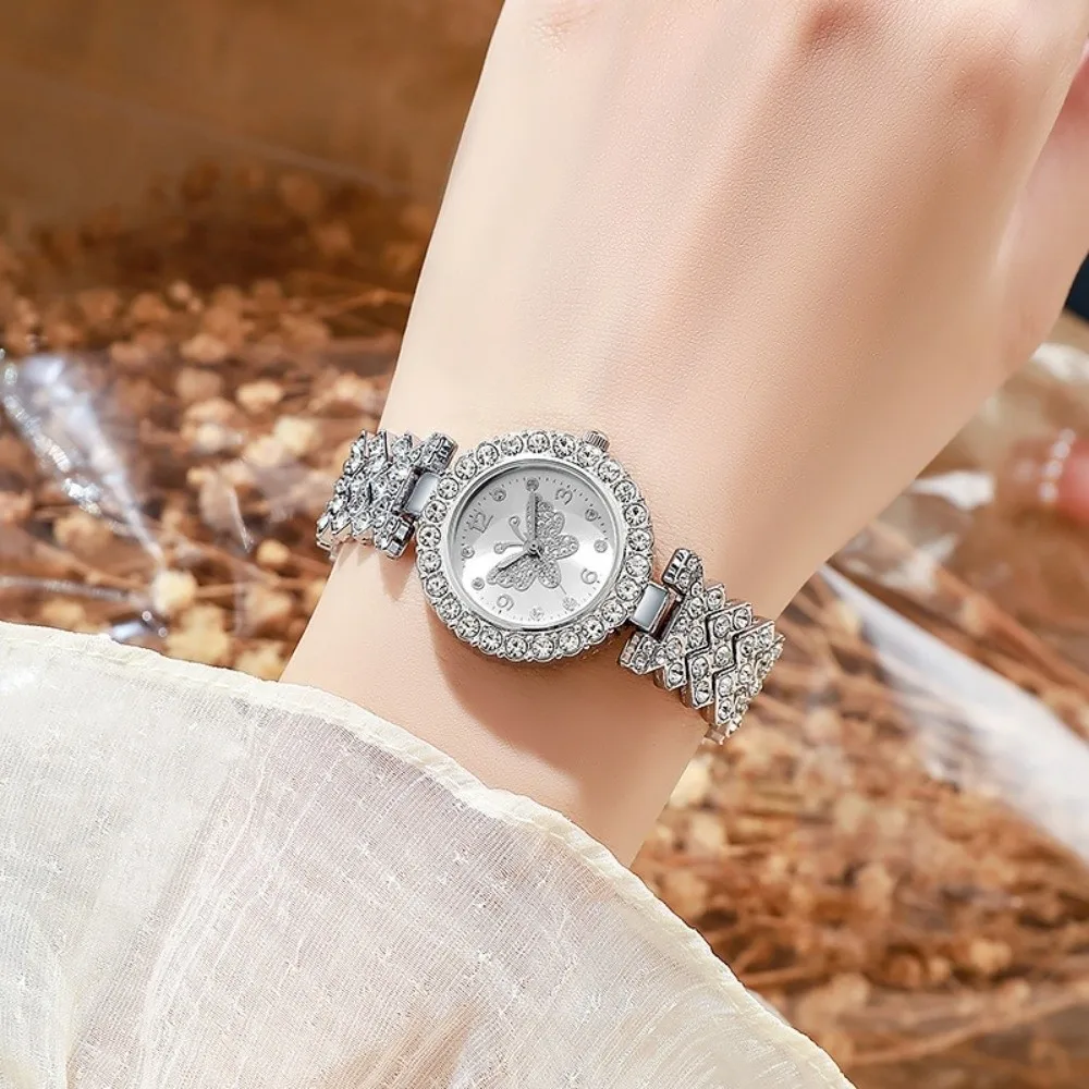 Rhinestone Inlaid Quartz Watch Butterfly Surface Design Diamond Decoration Butterfly Surface Watch Quartz Movement