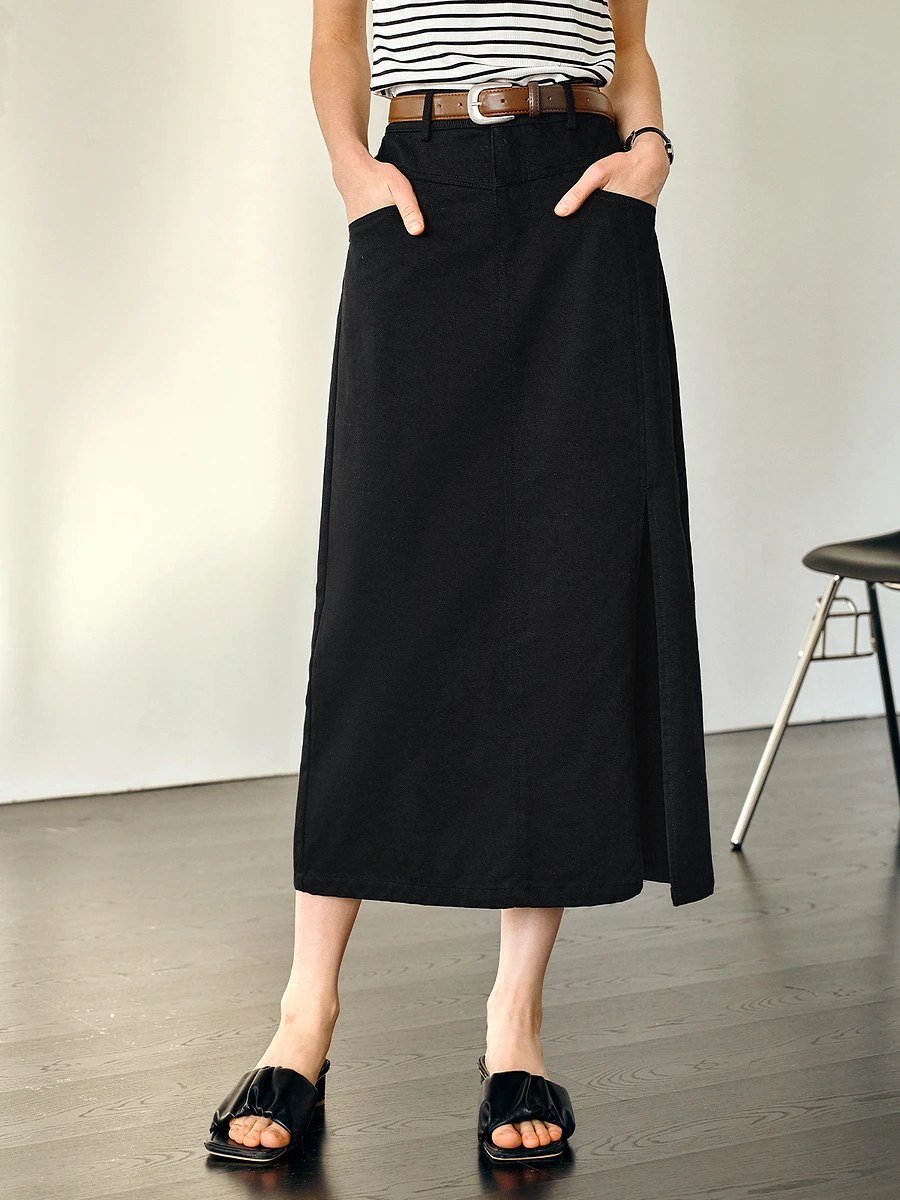 

OLrain Black Denim Jean Skirt Women 2025 Summer Lady New Commuter Casual Straight Split Midi Skirts for Woman Clothes N57CB96222