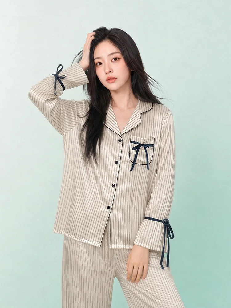 Women's Summer Ice Silk Long Sleeve Sleepwear Home Clothes Water Light Silk Striped Belted Loose Fit Home Comfortable Outerwear