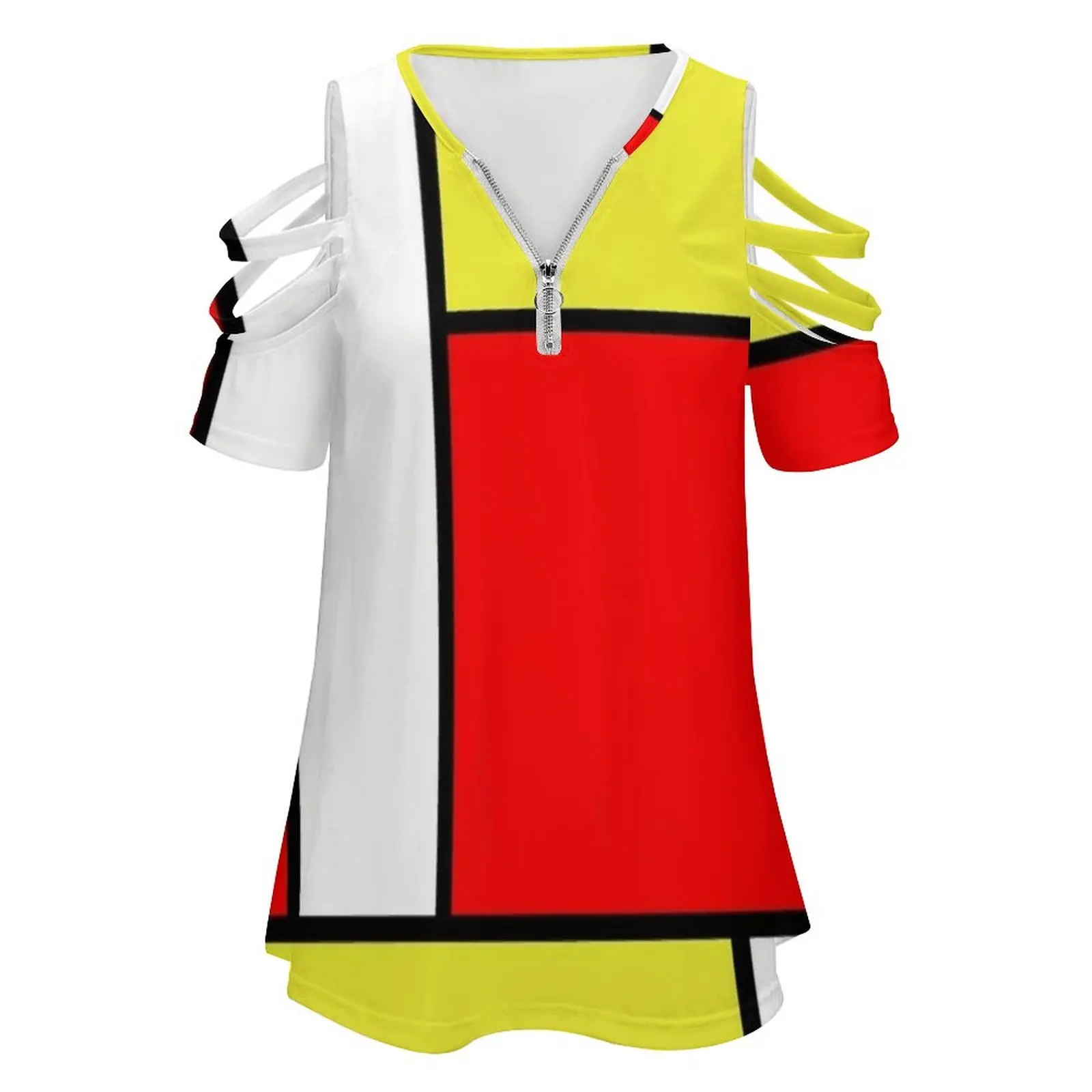 Mondrian #57 New Fashion Zip Off Shoulder Top Short-Sleeve Women Shirt Mondrian Inspired Neoplastic Modern Art Pop Art