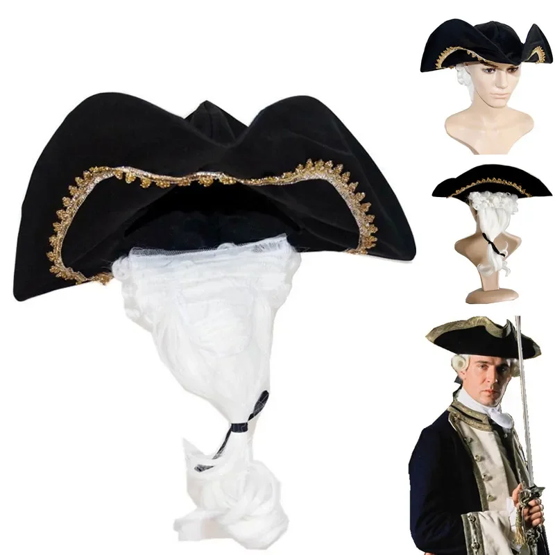 

Adults Black Pirate Hat With Hair Count Justice Lawyer Cap Gentleman Hat Halloween Cosplay Accessories