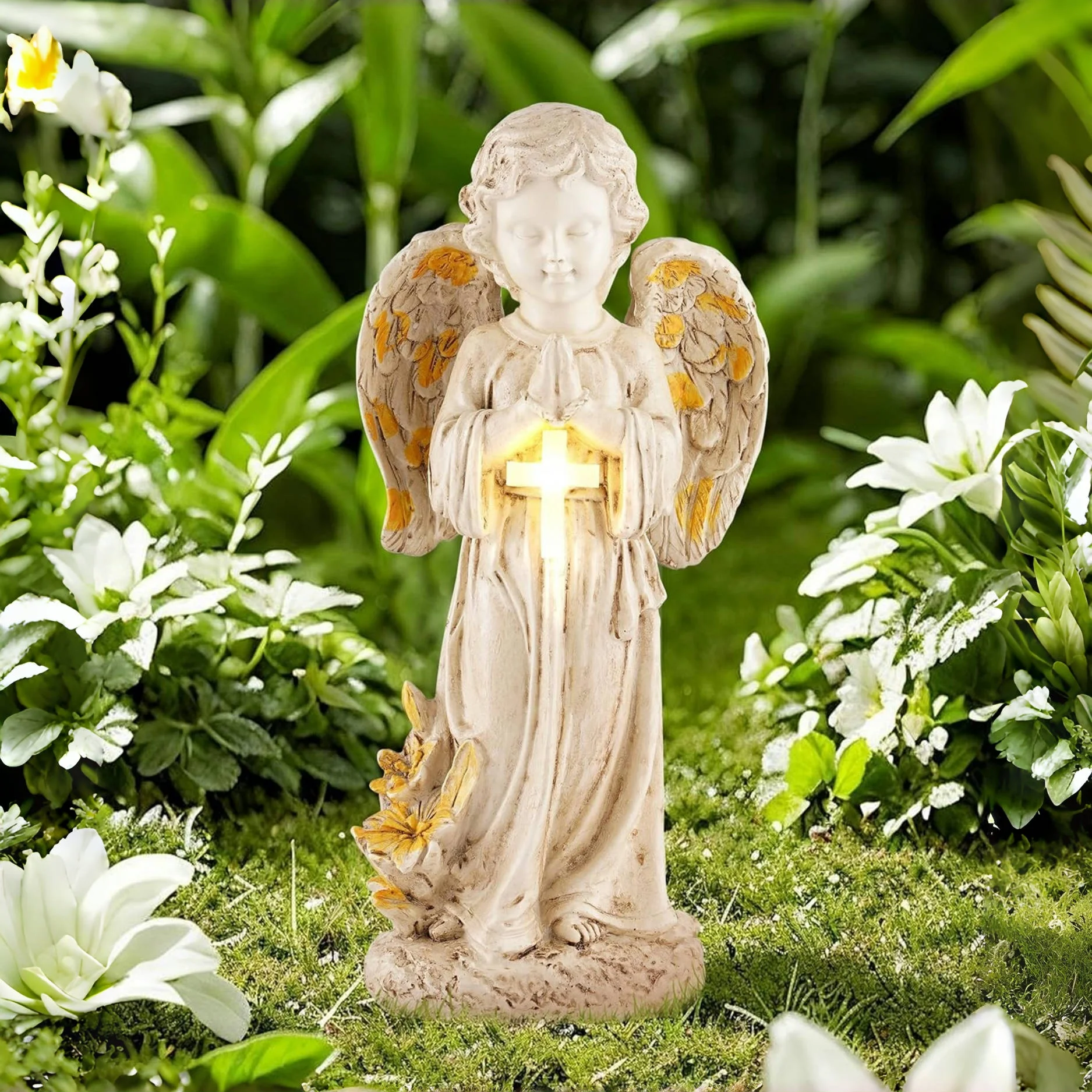 Solar Garden Decor Outdoor Statue, Solar Angel Statues Outside Garden, Solar Resin Prayer Angel with Flower Ornament Light, for Yard Patio Porch Balcony Home Decor view 7