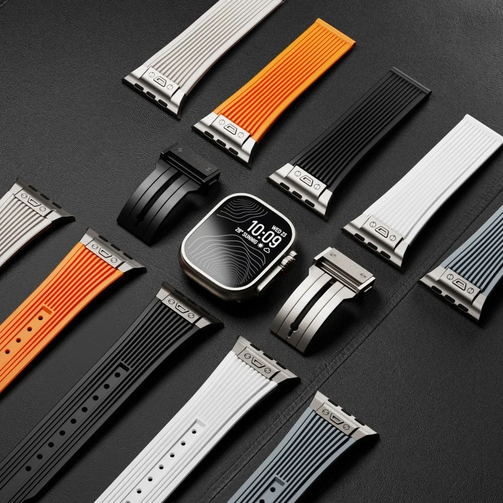 Liquid Silicone Strap for Apple Watch Ultra 2 10 9 8 7 6 5 4 SE High End Stainless Steel IWatch 49mm 46mm 45mm 44mm 42mm Correa