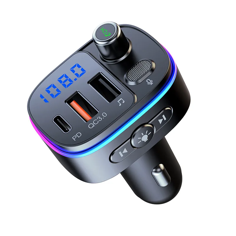 

T6 Car Mp3 Player Bluetooth 5.0 FM Transmitter Type-C and QC3.0 Dual USB Charger 7-color Atmosphere Light Lossless Music