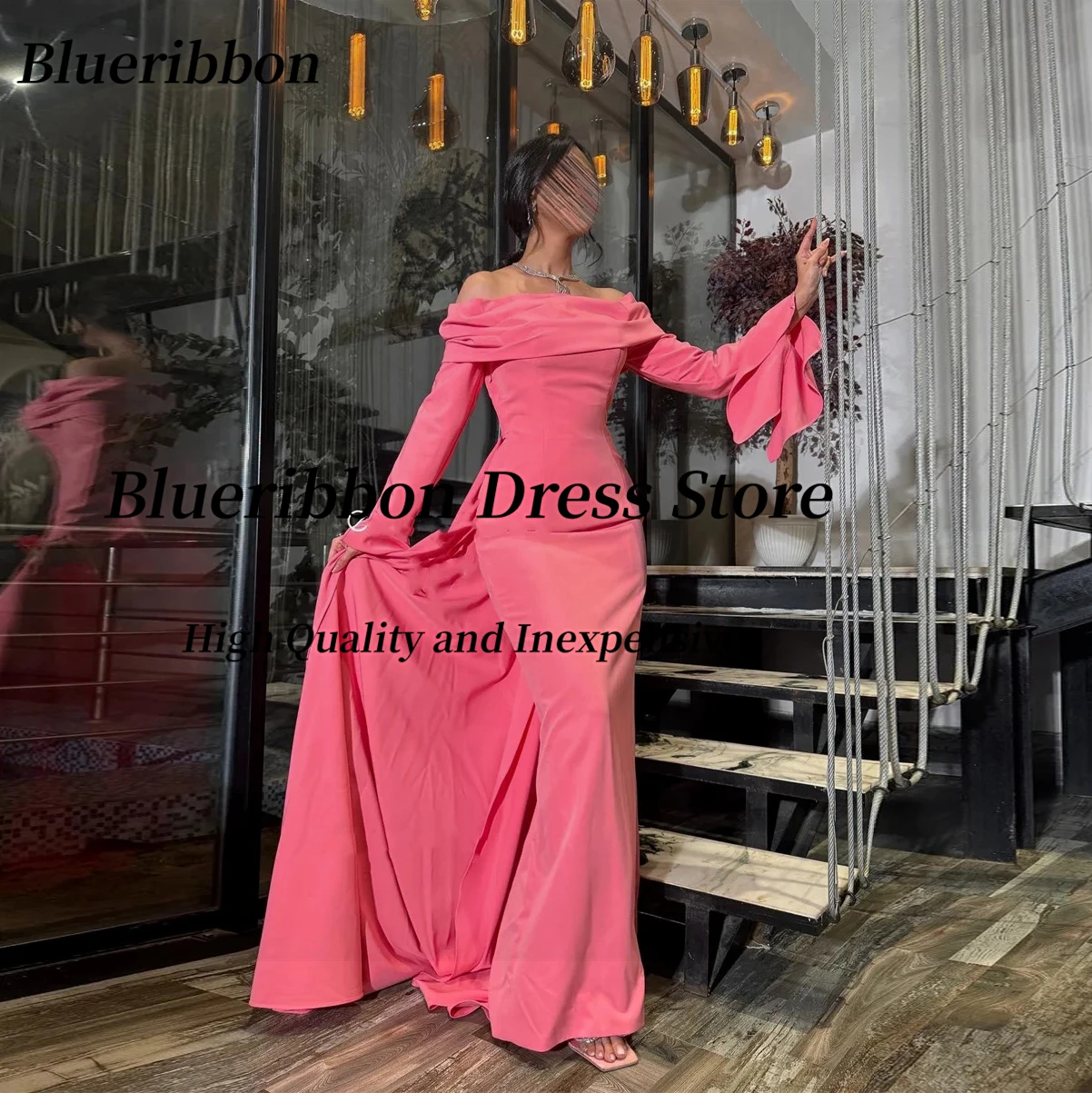 Blueribbon Elegant Long Sleeves Evening Dresses Boat Neck Customized Special Occasion Dress Flutter Train Vestidos Prom Gowns