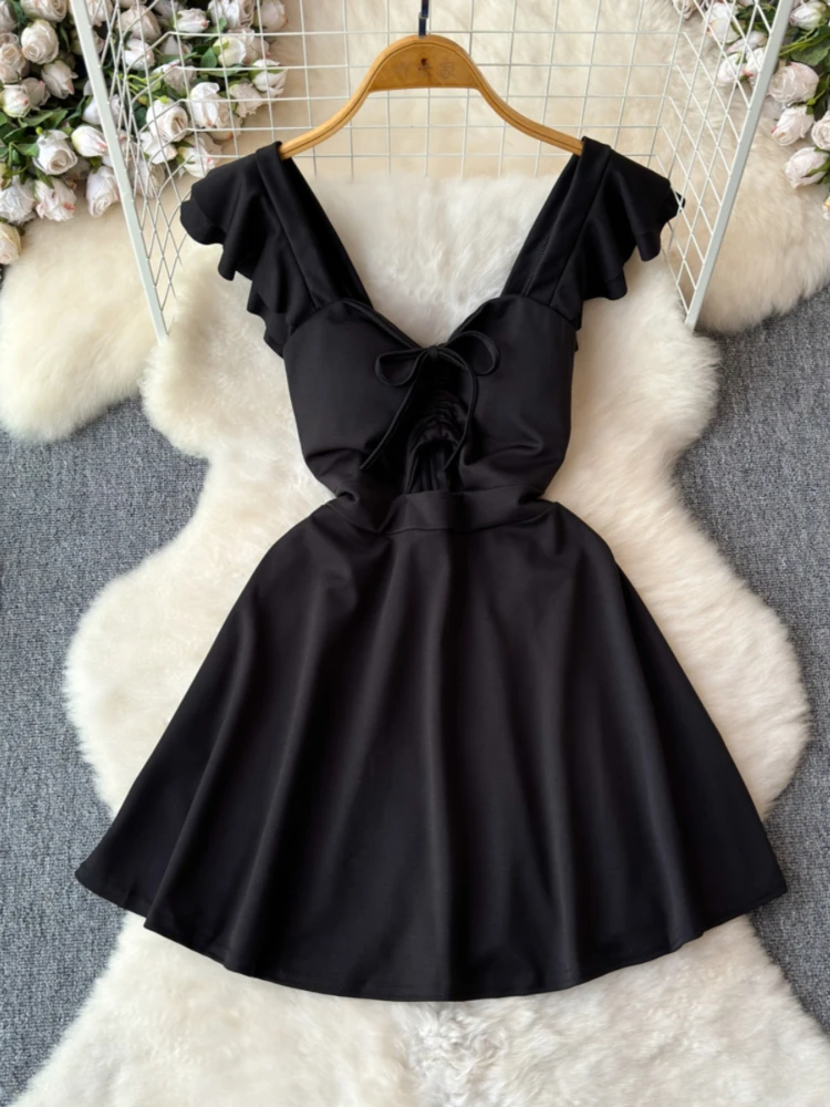 Foamlina seksowna klubowa sukienka damska modna solidna z koronkowym dekolt w szpic wycięty z latającym rękawem wysoka talia letnia krótka sukienka