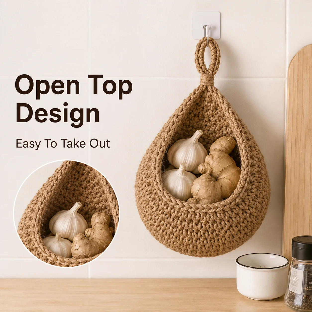 Teardrop Woven Hanging Fruit Basket Wall Mounted Rope Storage Bag Garlic Onion Holder Vegetable Organizer Boho Kitchen Decor view 2