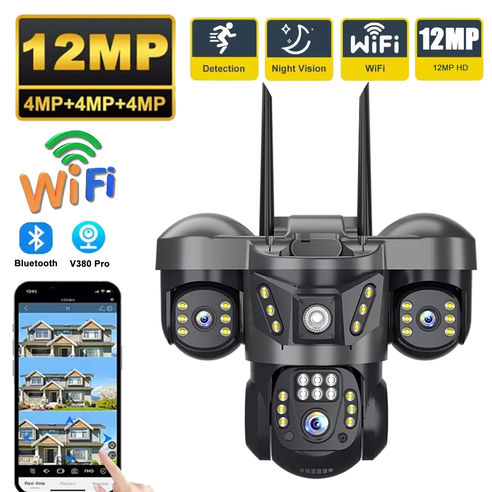6K 12MP HD IP 카메라 야외용 3렌즈 외부 WiFi 카메라 트리플 스크린 보안 PTZ 카메라 자동 추적 감시 V380Pro