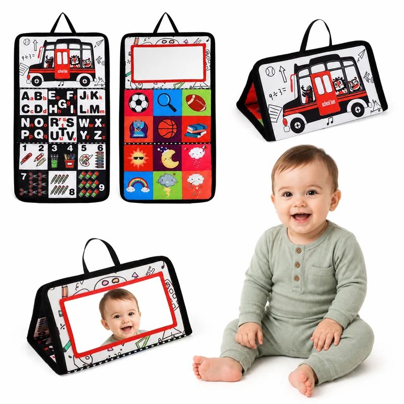 Soft Baby Book Bus Foldable Tummy Time Cloth Book with Mirror Sensory Early Learning Toy for Infants and Toddlers 0 to 3 Years view 3