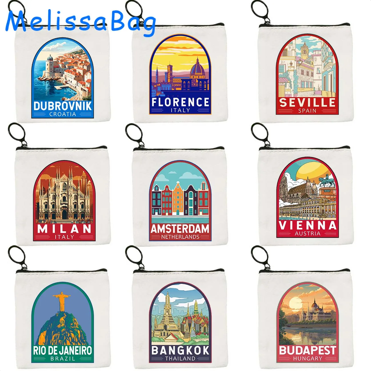 Seoul Budapest Amalfi Algarve Ibiza Milan Italy Seville Strasbourg Vienna Canvas Bag Coin Purse Key Case Bag Wallet Zipper Pouch