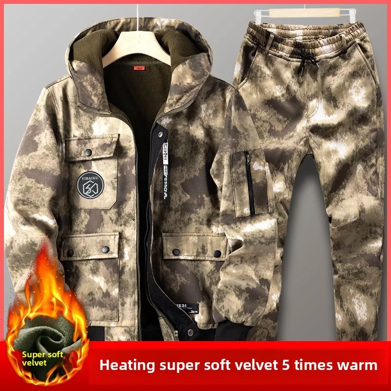 Autumn Winter 2025 Men's Thick Workwear Waterproof Wear-Resistant Thick Fleece Clothing Windproof Military Tactics Jacket Set